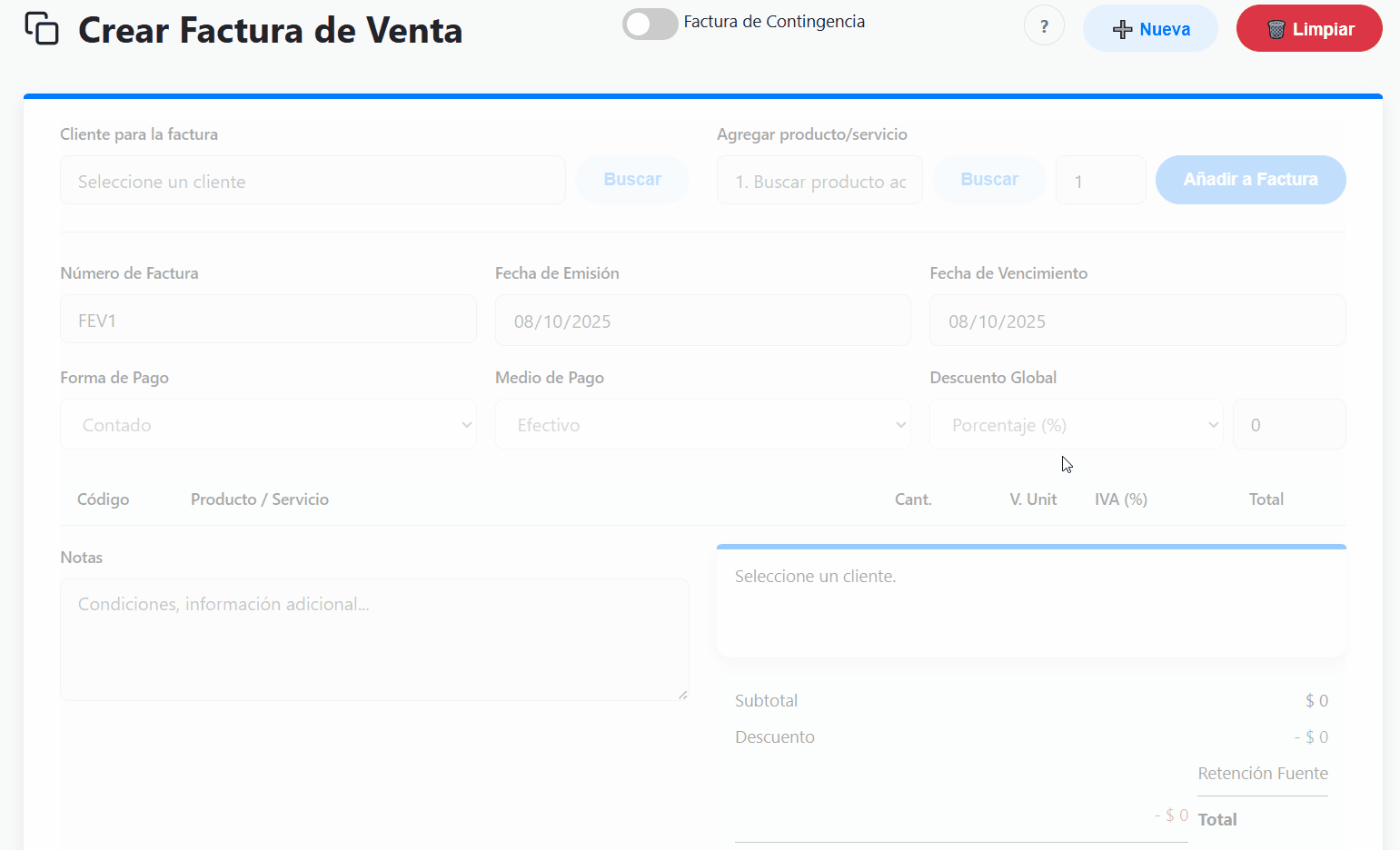 Animación de cómo se desbloquea el formulario de nueva factura