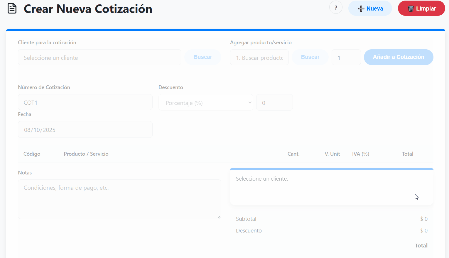 Formulario para crear una nueva cotización