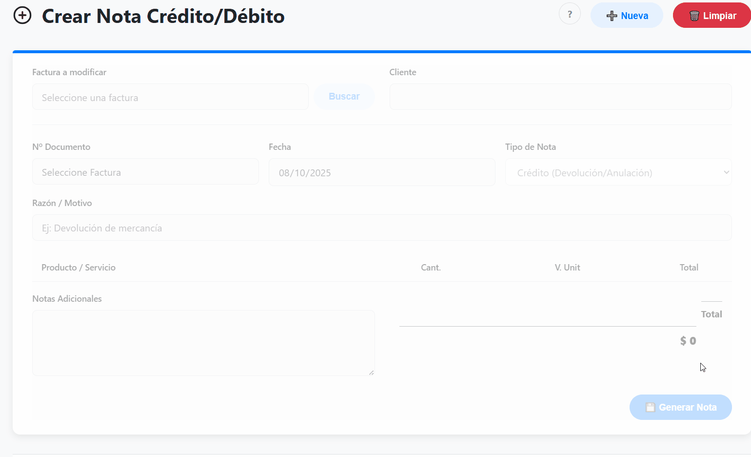 Selector para notas de crédito o débito